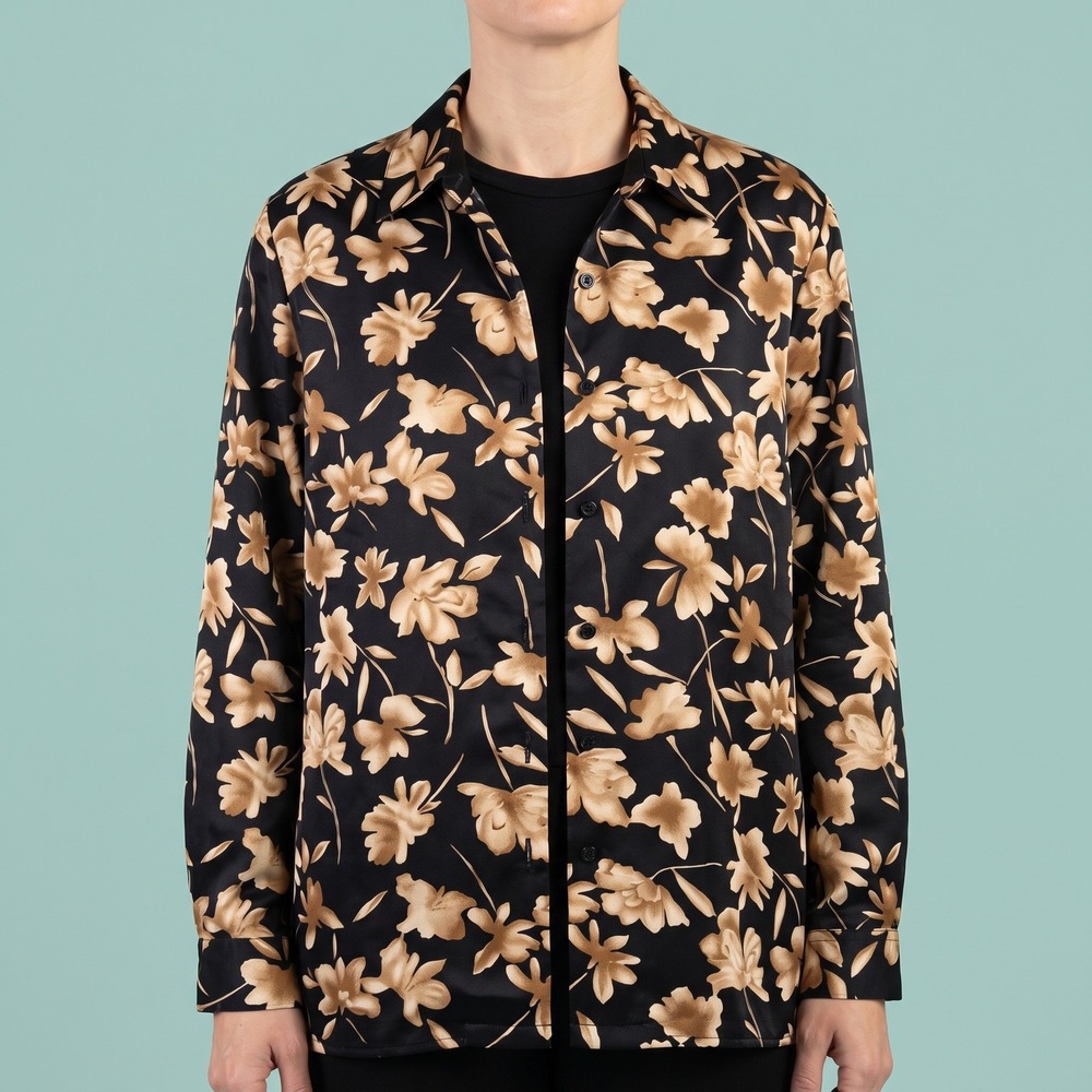 BonWorth Button Down Womens L Black Tan Floral Satin Finish